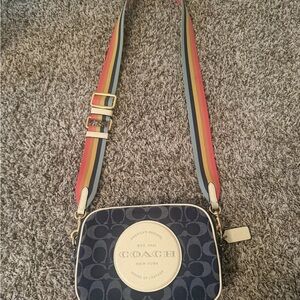 Coach Navy Signature Crossbody with Rainbow Strap
